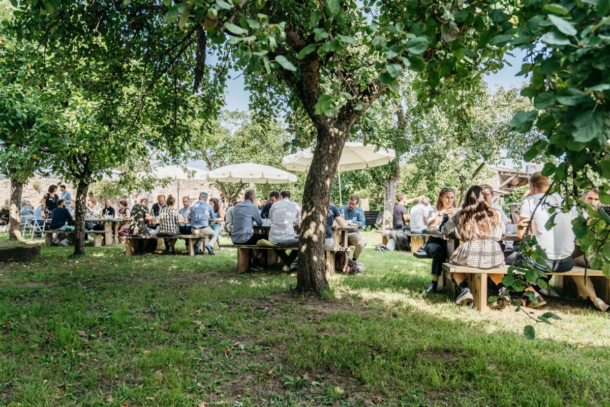 Gäste genießen geselliges Beisammensein auf der Obstwiese am Gutshof Neun.